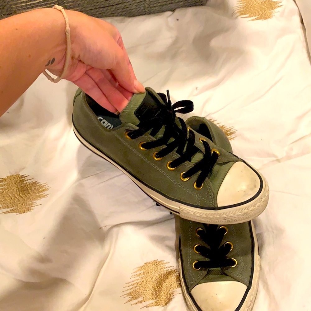 Army green and black converses with gold accents